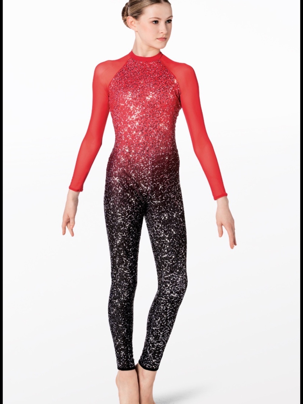 Weissman Red-to-Black Sequin Ombre Long-Sleeve Unitard crystallyze SA dance